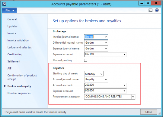 Microsoft Dynamics AX 2012 R3 Royalty Management accounts payable parameters