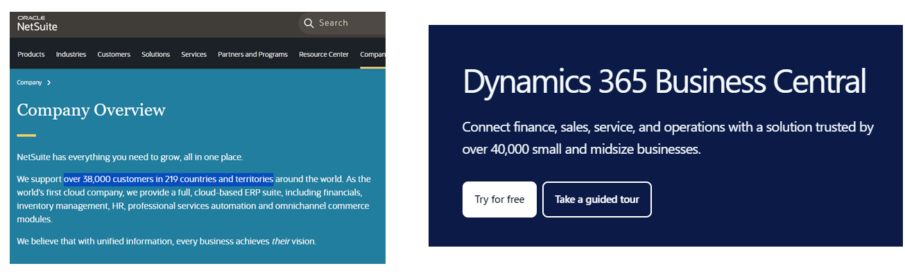 NetSuite and Microsoft Dynamics 365 Business Central text on customer base size