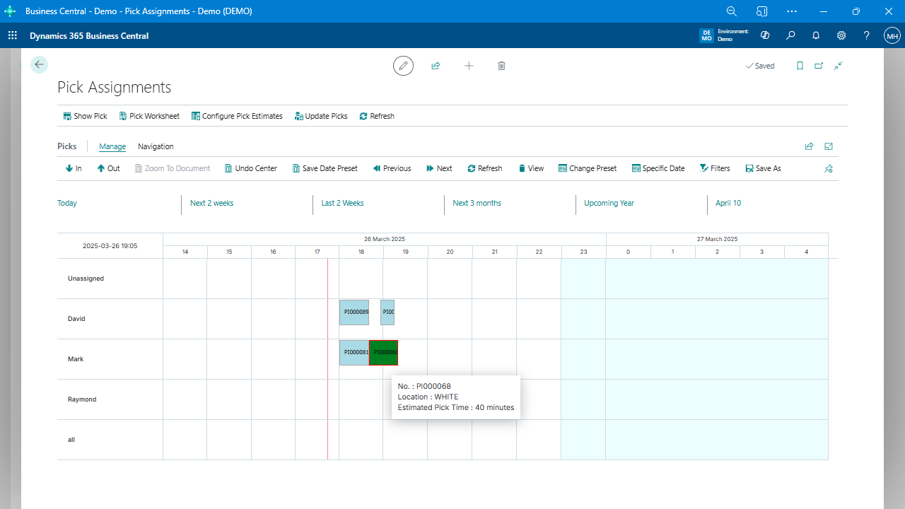View and manage pick assignments across warehouse team members using a calendar-based layout. Hover for estimated pick times and task details to easily balance workloads and optimize fulfillment operations.