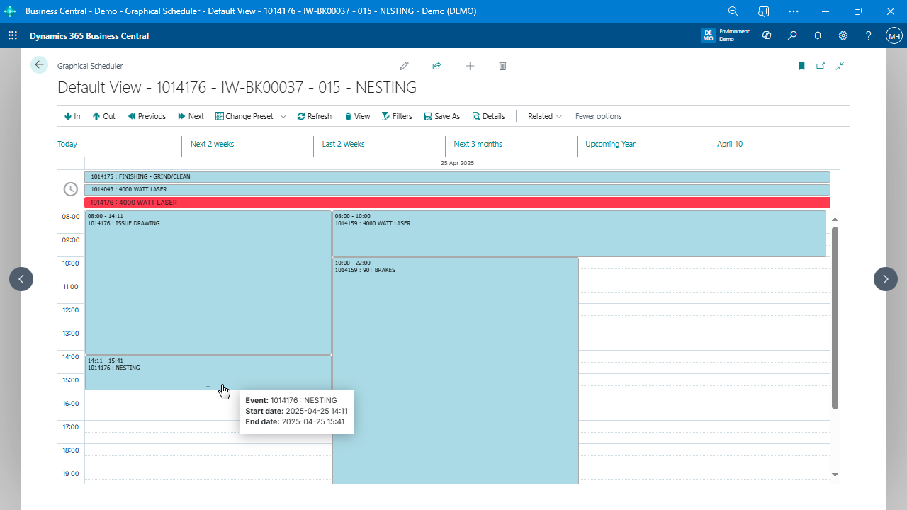 Fine-tune the duration of individual tasks by simply dragging the edges within a daily calendar view. This level of control supports agile, minute-accurate production planning directly within Business Central.