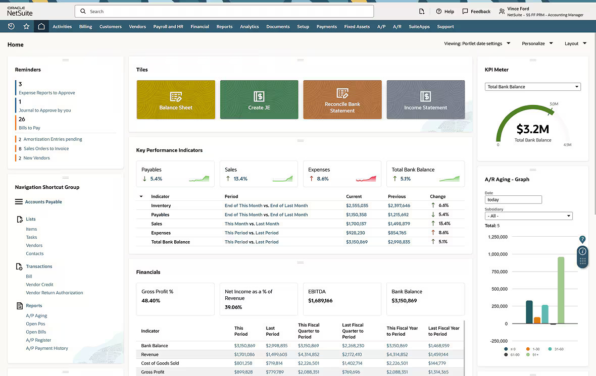 Oracle NetSuite dashboard