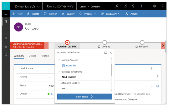 A business process flow in a model-driven app, based on Microsoft Flow and CDS for Apps