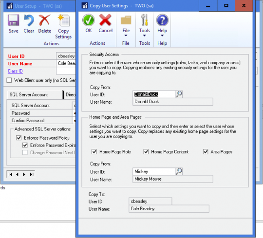 Microsoft Dynamics GP Copy User Settings