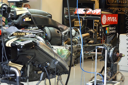 A Lotus F1 car worked on by mechanics