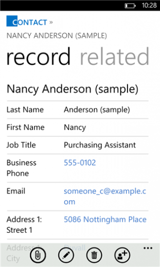 Windows Phone Dynamics CRM contact screen