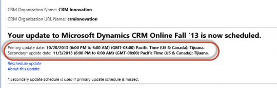 Microsoft Dynamics CRM Online Fall '13 upgrade date