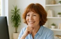 AI-generated image of "Cheerful Woman at Modern Office Desk"