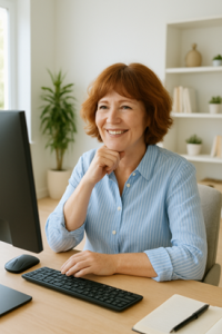Cheerful Woman at Modern Office Desk from ChatGPT