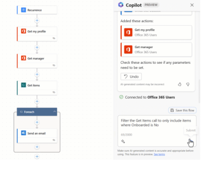 Power Automate flow development using Copilot